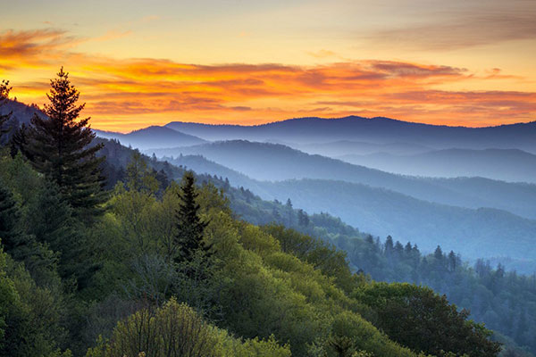 Blue haze from the Smoky Mountains at sunset.