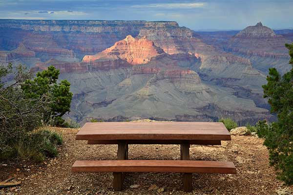 Picnic table view of Grand Canyon at Shoshone Point