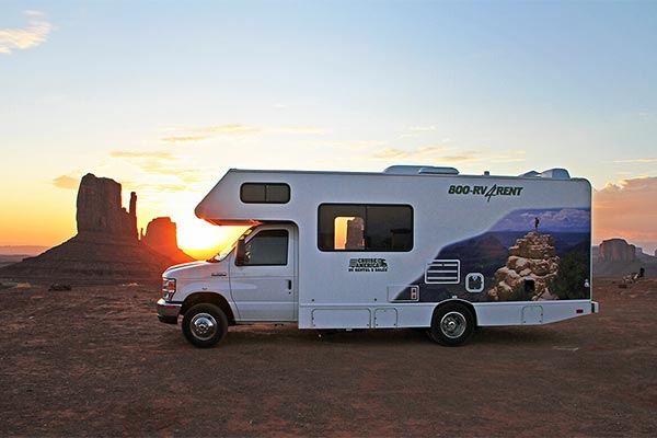 RV in Monument Valley at sunset