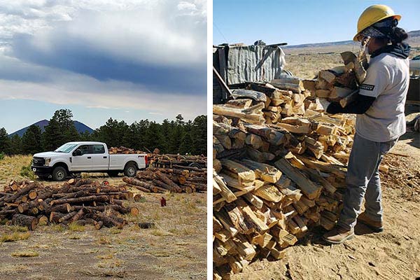 Composite of U.S. Forest Service truck parked by cut timber and an Ancestral Lands Conservation Corps member staking a woodpile.