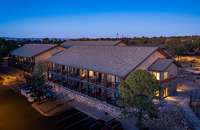 Twilight view of the newly renovated, eco-friendly Maswick Lodge South inside Grand Canyon National Park, that reopened in 2022.