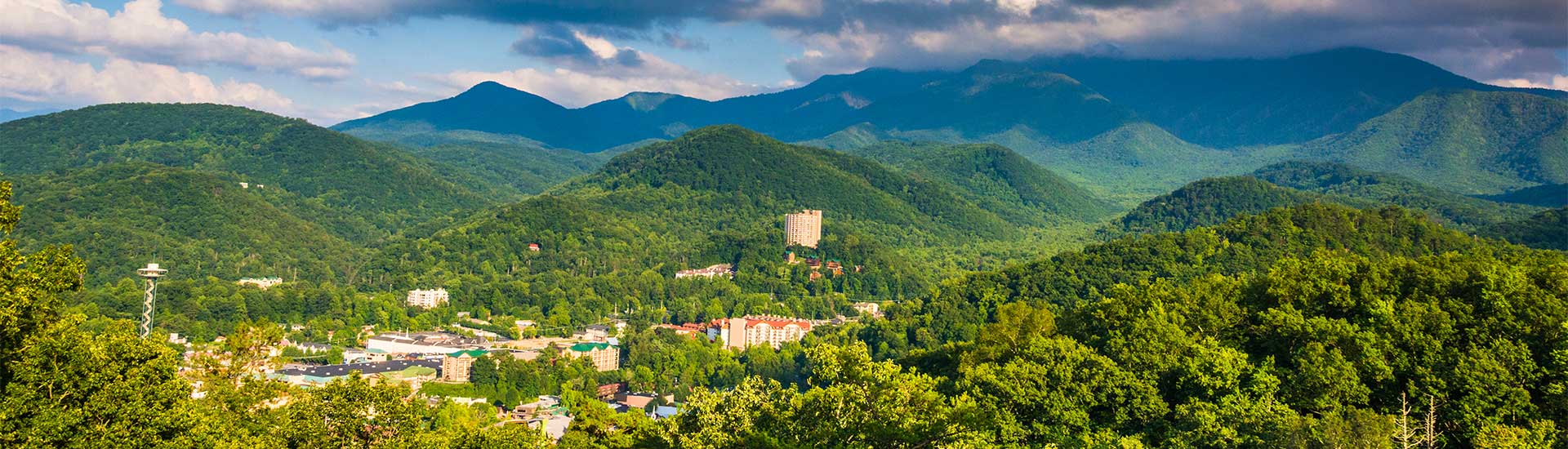 Beautiful summertime view of Gatlinburg from the Foothills Parkway, Great Smoky Mountains National Park.