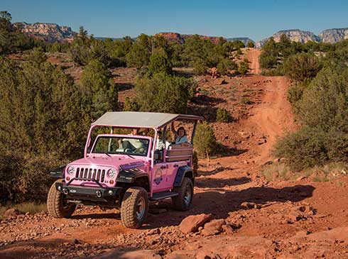 Pink® Jeep® traveling down the rugged, remote Greasy Spoon trail with view of winding dirt road in background