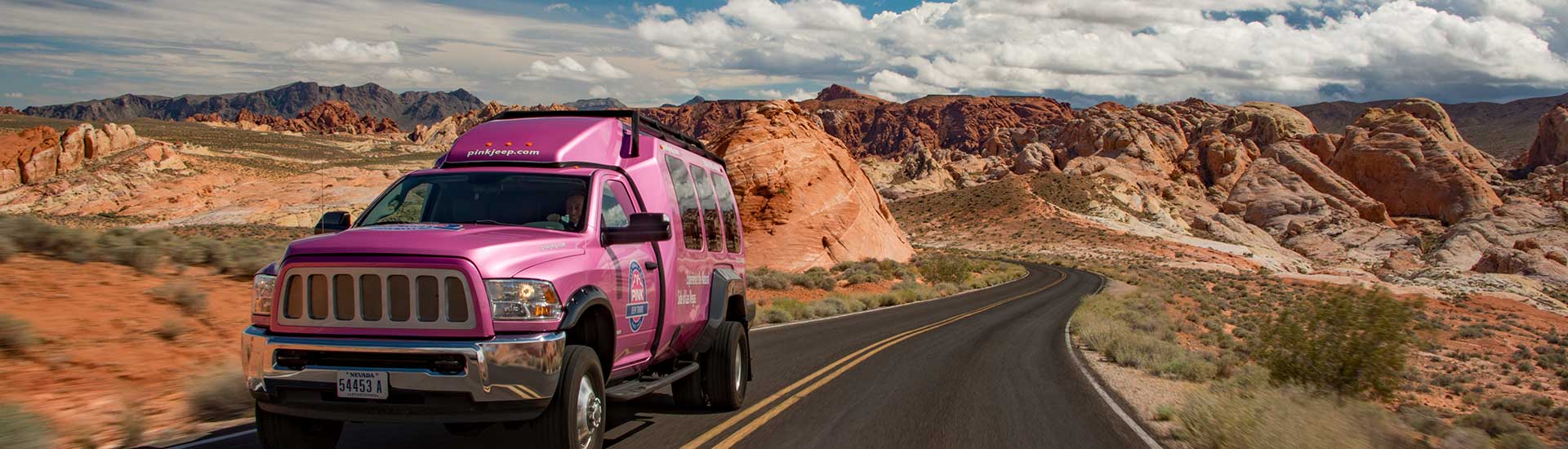 Pink Adventure Tours enclosed vehicle driving through the desert 
