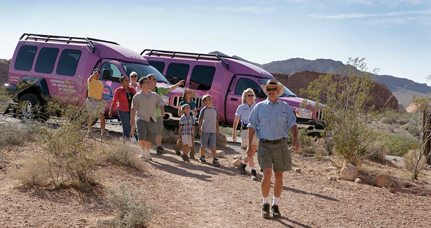 Pink Jeep Tours adventure guide leading a small group of guests on an adventure walk, with two Pink Adventure Tour Trekkers parked in the background.