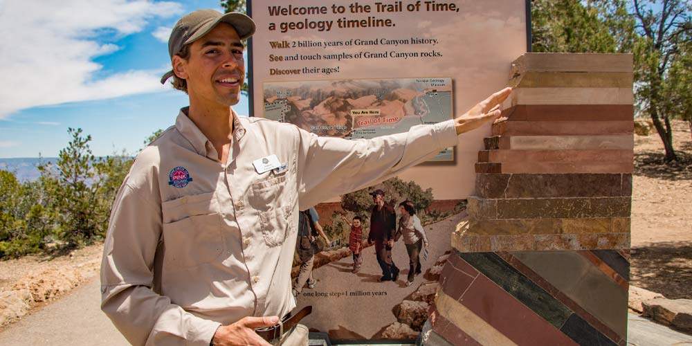 GC_TrailOfTime.jpg Pink Adventure Tour guide interpreting the geology timeline display at the Grand Canyon's Trail of Time entrance.