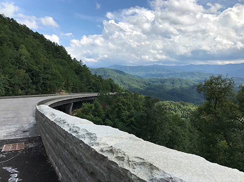 Beautiful summer view of Foothills Parkway bridge curving through Great Smoky Mountains National Park