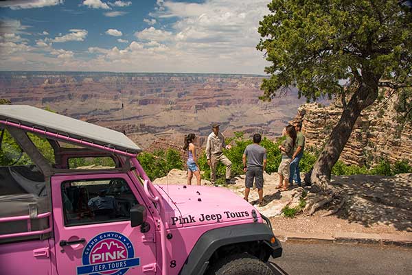 Guide talking with guests at Grand Canyon with Pink® Jeep® parked in foreground