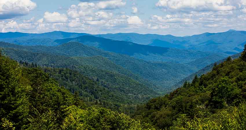 Beautiful summertime view of Smoky Mountains from Newfound Gap, Great Smoky Mountains National Park