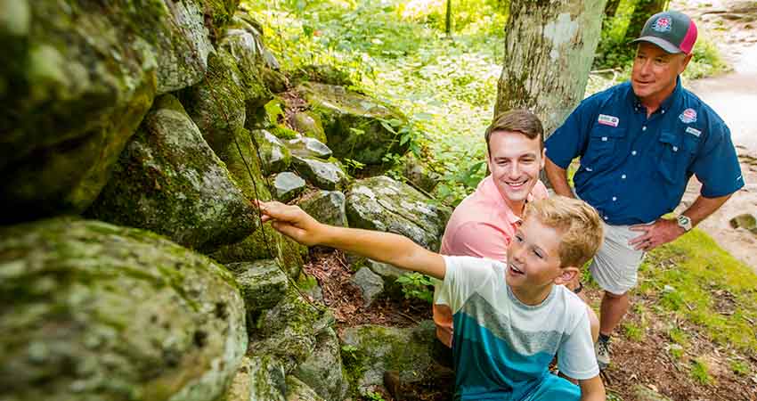 Close-up of Pink Jeep tour guide with father and son looking at lichen on rocks in Great Smoky Mountains National Park