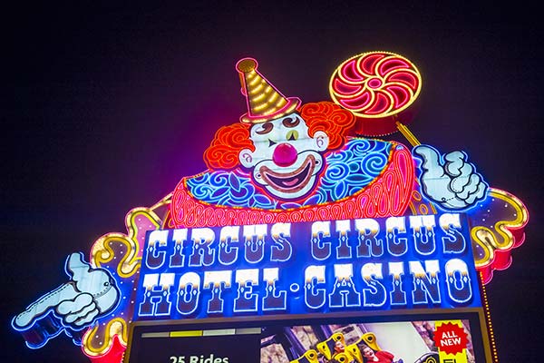 Neon sign at Circus Circus hotel and casino, Las Vegas, Nevada. Circus Circus features circus acts and carnival games daily.