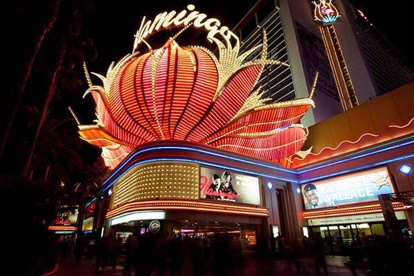 Corner view of the neon lights at Flamingo Hotel in Las Vegas, Nevada.