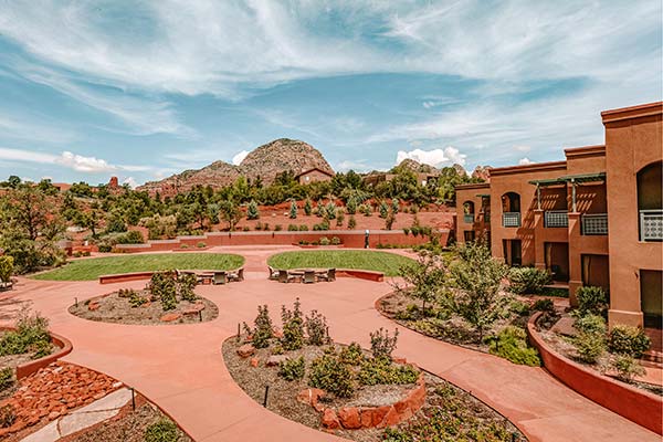 View of Thunder Mountain from the Almeria Garden at Sedona Rouge Hotel & Spa, Sedona, Arizona.
