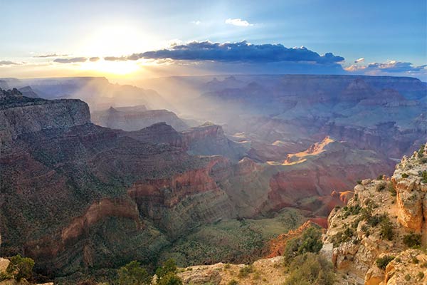 View of sunset from Moran Point, south rim of Grand Canyon, Grand Canyon National Park, Arizona.