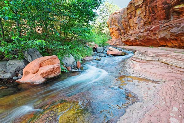 Sedona's Oak Creek flows along the West Fork Trail, bordered by lush green forest and crimson cliff walls.