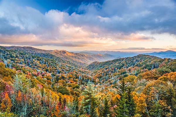 Sunrise view of the autumn landscape from Newfound Gap, Great Smoky Mountains National Park, Tennessee.