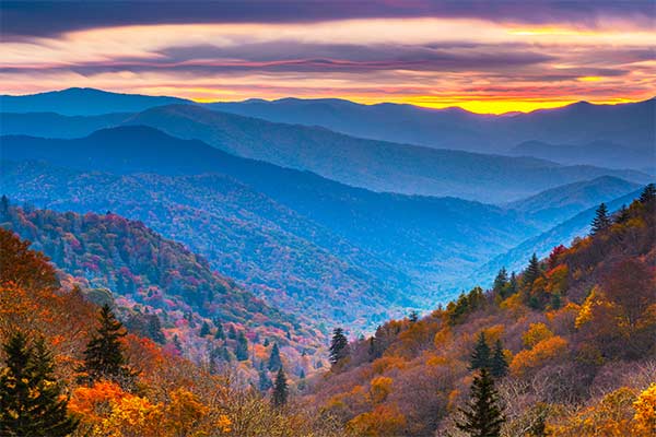 Autumn landscape of the blue hills of Great Smoky Mountains National Park at dawn.