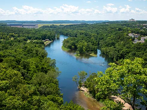 Beautiful summertime view of Lake Taneycomo from the Branson 165 Scenic Overlook, Branson, MO.