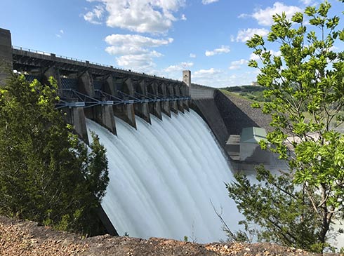 Water rushing through the eight spillways of Table Rock Dam, Table Rock Lake, Branson, Missouri.