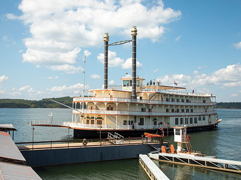 The Showboat Branson Belle parked dockside on Table Rock Lake, Branson, Missouri.