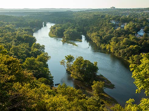 Close-up of Lake Taneycomo from the Branson Scenic Overlook on Highway 165, Branson, MO.