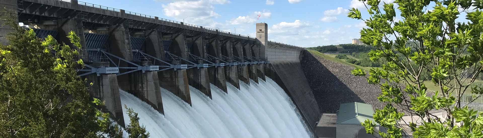 Water rushes down through the eight spillways of Table Rock Dam, Branson, MO.