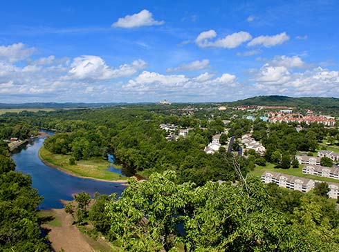 Beautiful view of Lake Taneycomo from the Branson 165 Scenic Overlook, Pink Jeep Tours Branson Lakes & Landmarks Tour.