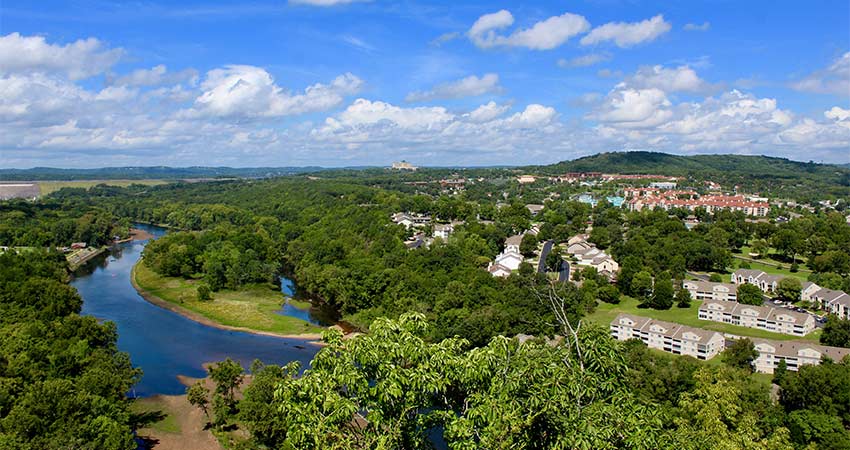Beautiful summertime view of Lake Taneycomo from the Branson 165 Scenic Overlook, Branson, MO.