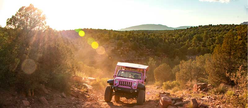 A Pink Jeep® Wrangler drives along the Diamondback Gulch trail at sunset with treelined hills in the distance, Sedona, AZ.
