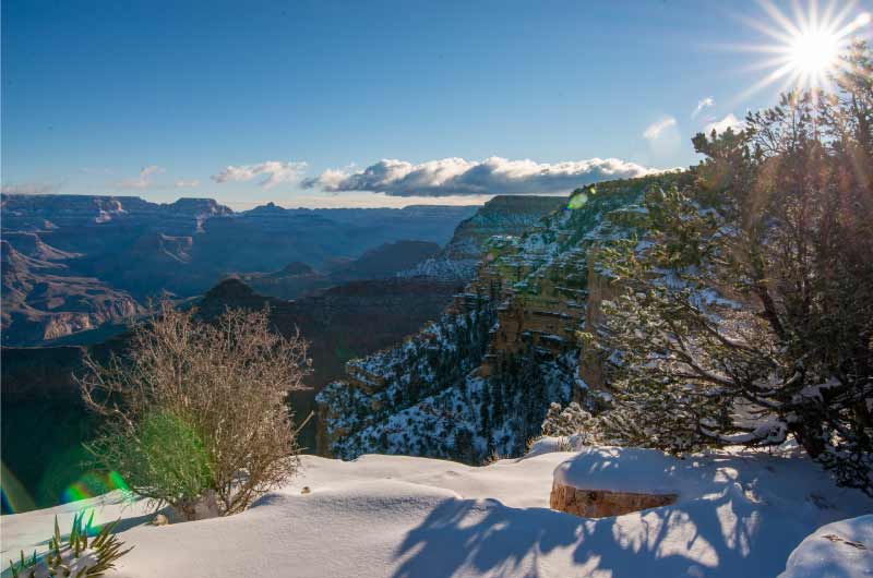 Beautiful, star-shaped sunburst beaming onto fresh snow at the canyon's edge with its multi-layered rims seen in the distance.