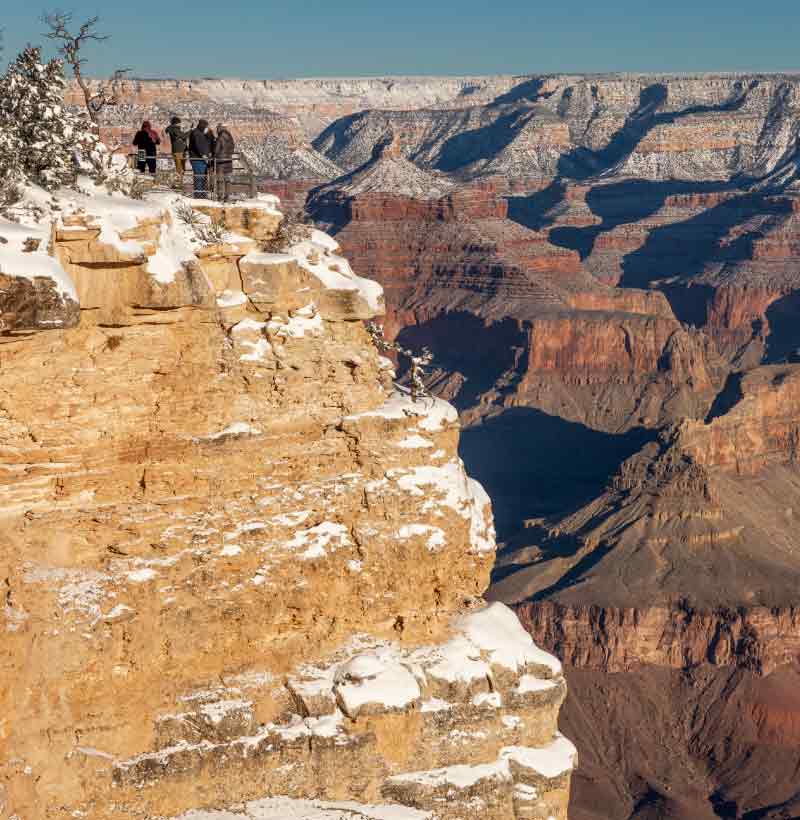 Looking along the canyon’s edge towards tourists standing on Yavapai Point, overlooking the South Rim during morning light.