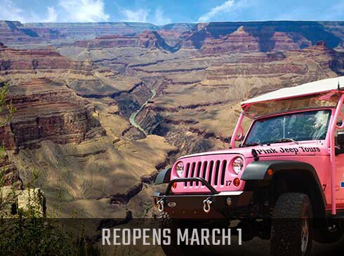 Pink Jeep® Wrangler parked overlooking the Grand Canyon, Hermits Rest Hike & Jeep Sunset Tour.