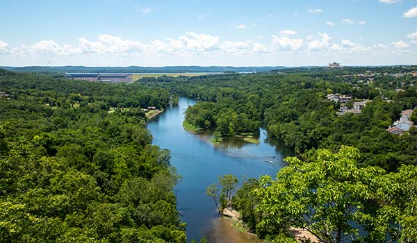 View of Lake Taneycomo and Table Rock Dam from the the Branson Scenic Overlook, Missouri.