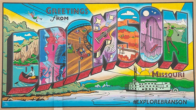 Downtown Branson Mural featuring the official, Greetings from Branson, Missouri, postcard.