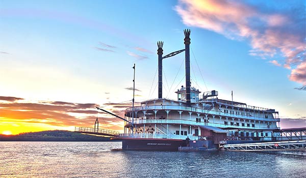 Showboat Branson Belle docked on Table Rock Lake at sunset, Branson, MO.