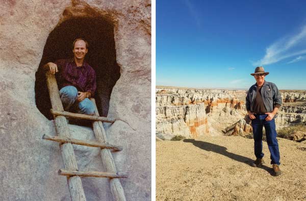 A man sits in a cave above a ladder at Bandelier National Monument and stands at canyon overlook 