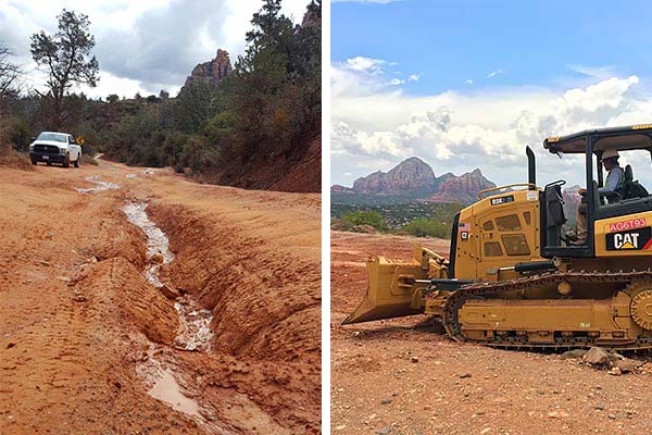 Water flowing down eroded gully in Schnebly Hill Road and a CAT dozer leveling dirt with Sedona's red rocks in background.