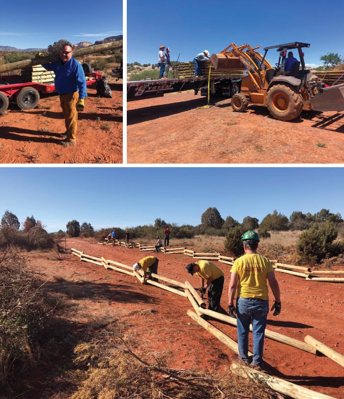 Pink Jeep President John Fitzgibbons hauls a post while building a worm fence with other industry partners at the Donut Hole on Diamondback Gulch.