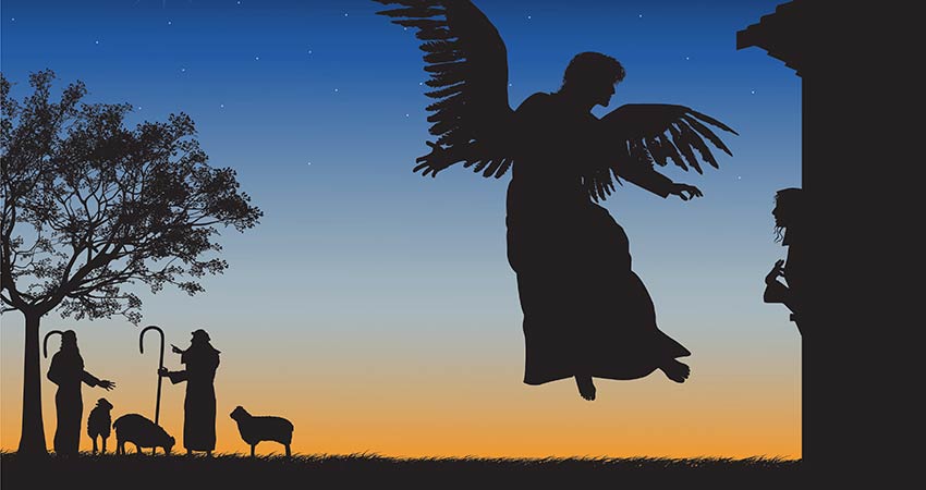 Christmas silhouette of shepherds with flock and a flying angel against a starry sky at twilight, Pink Jeep Branson Christmas Tour.