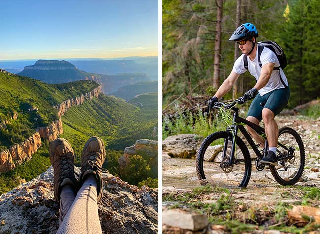 Split image of hiker's feet on a ledge in Kaibab National Forest overlooking the Grand Canyon and a mountain biker crossing a creek.
