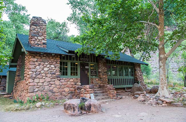 The Phantom Ranch Canteen, built from native stone and wood, offers breakfast and dinner for registered guests staying at the bottom of the Grand Canyon.