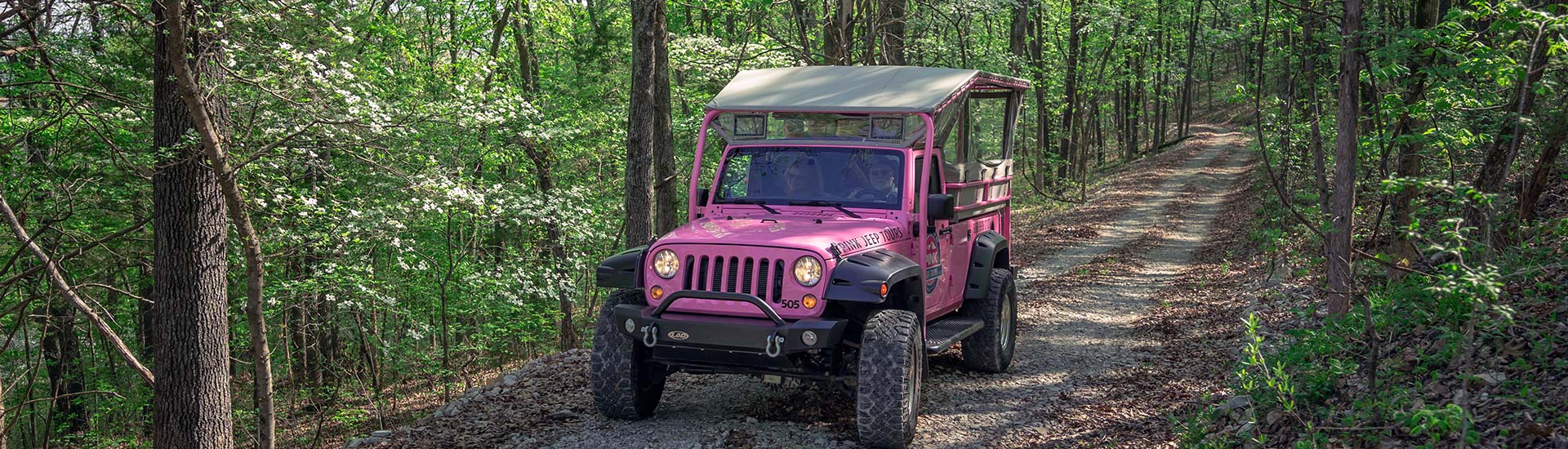 Front view of Pink Jeep Wrangler driving on forested off-road trail on Baird Mountain in the Ozarks, MO.