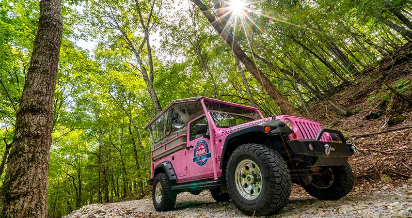 Closeup of Pink Jeep Wrangler on a forested, off-road trail in the Ozark Mountains, with star sunburst in trees