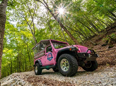 Pink Jeep on forest trail with sunburst through trees, Ozark Mountains, Branson, Mo.