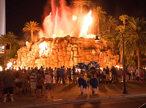 People watching the explosive Mirage Volcano Show on the Las Vegas strip
