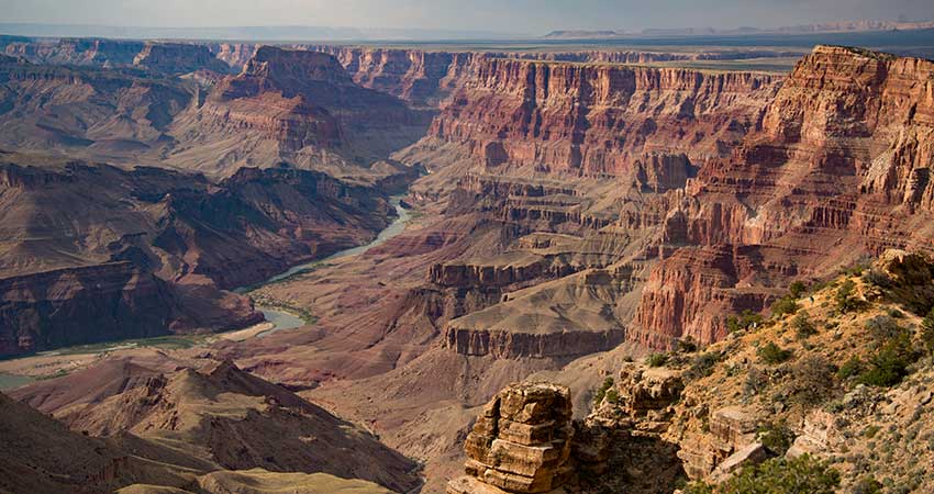 View of the Colorado River winding through the Grand Canyon from the Desert View point along the South Rim.