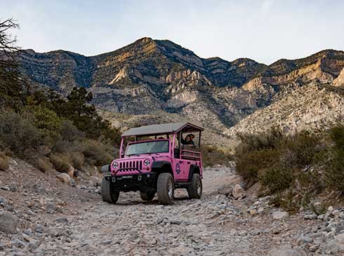 Open-air Pink® Jeep® Wrangler navigating up the rugged Rocky Gap Road in Nevada's back country.