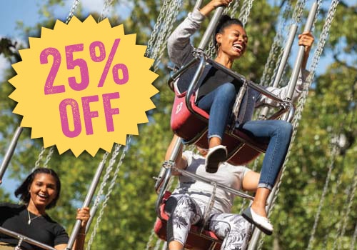Smiling Silver Dollar City guests ride on the swings, with call-out for 25% off