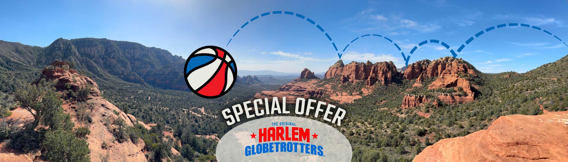 Aerial view of the Sedona red rock landscape with the Harem Globetrotters Special Offer banner overlay.