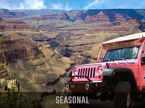 Pink Jeep® Wrangler parked overlooking the Grand Canyon and Colorado River, Hermits Rest Hike & Jeep Sunset Tour Seasonal banner.